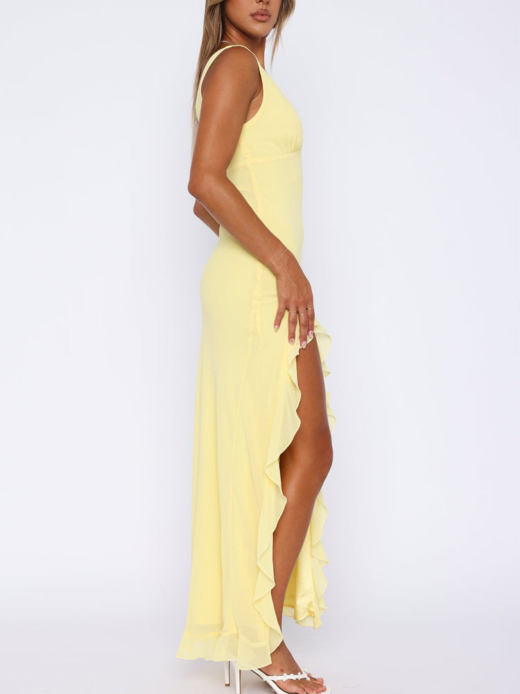 Chiffon Deep V Neckline Ruffle Slit Maxi jurk