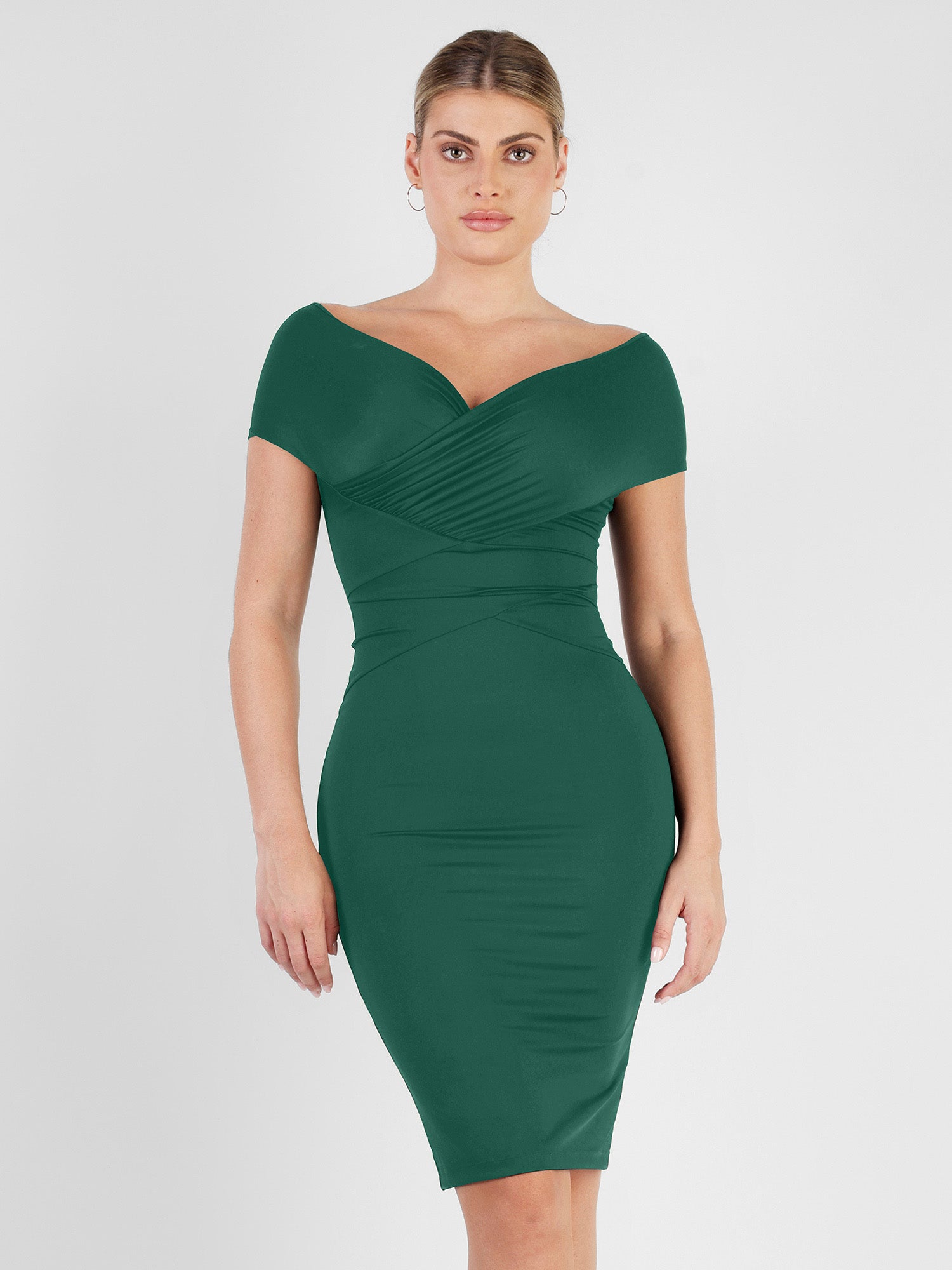 Off Shoulder V-Neck Ruched Midi jurk