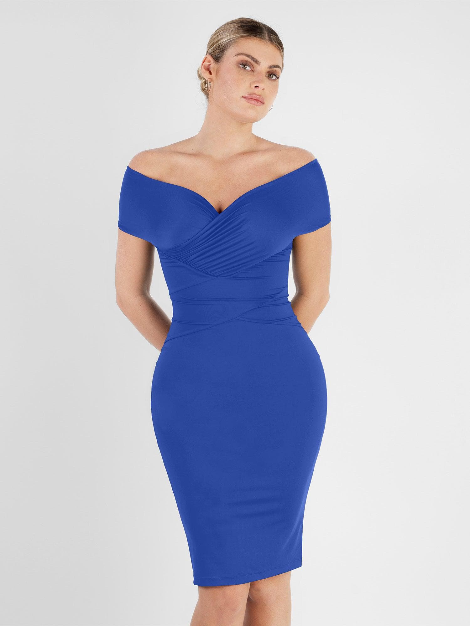 Off Shoulder V-Neck Ruched Midi jurk