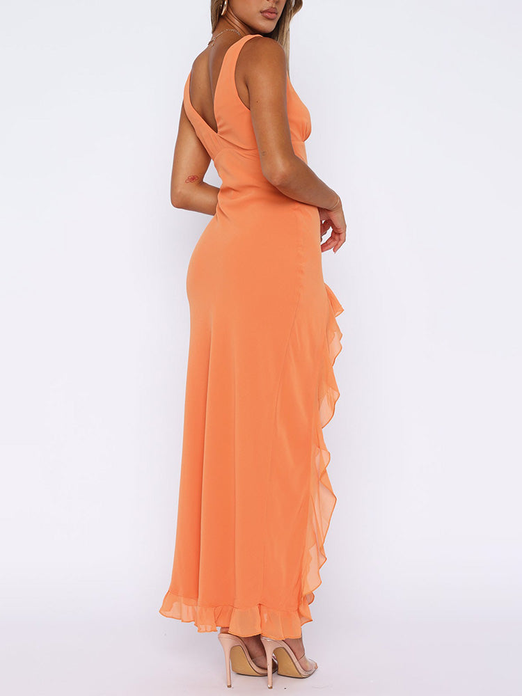 Chiffon Deep V Neckline Ruffle Slit Maxi jurk