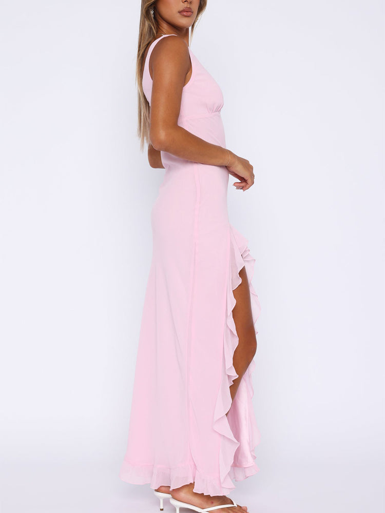 Chiffon Deep V Neckline Ruffle Slit Maxi jurk