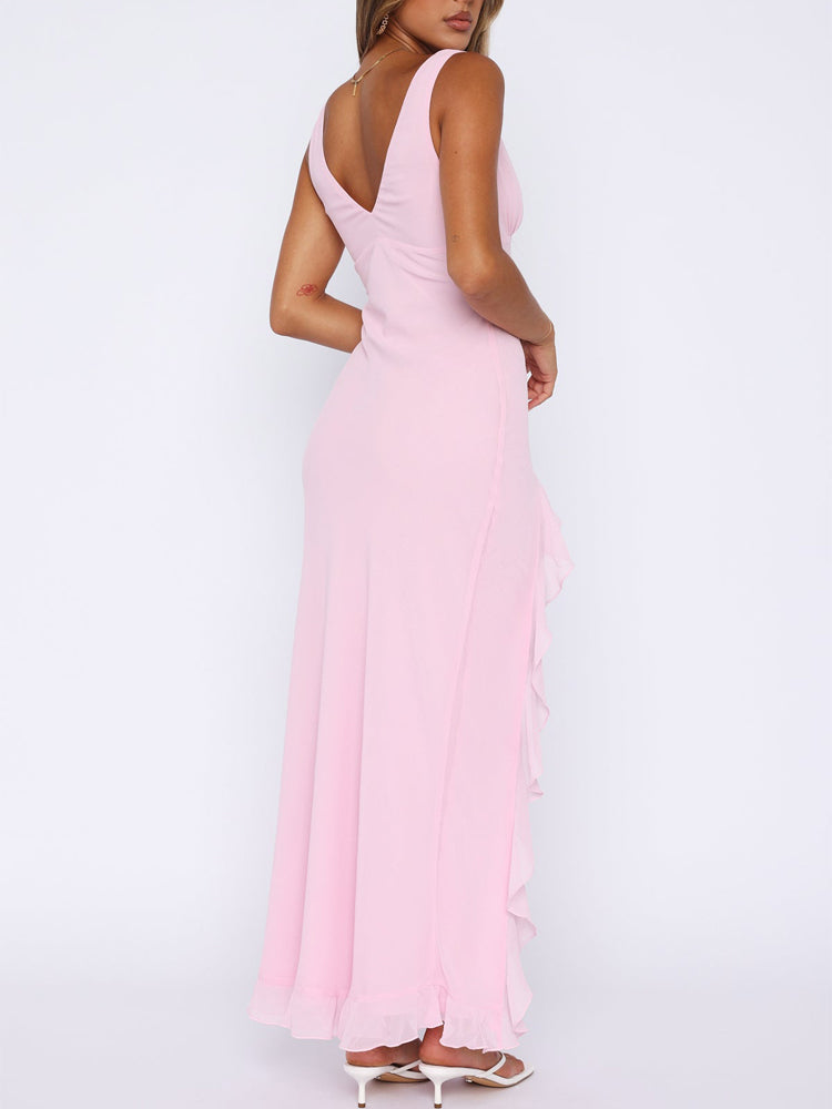 Chiffon Deep V Neckline Ruffle Slit Maxi jurk