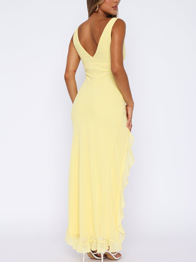 Chiffon Deep V Neckline Ruffle Slit Maxi jurk