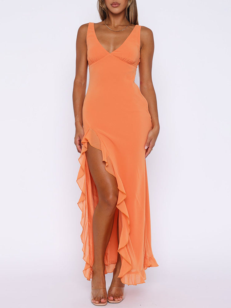 Chiffon Deep V Neckline Ruffle Slit Maxi jurk