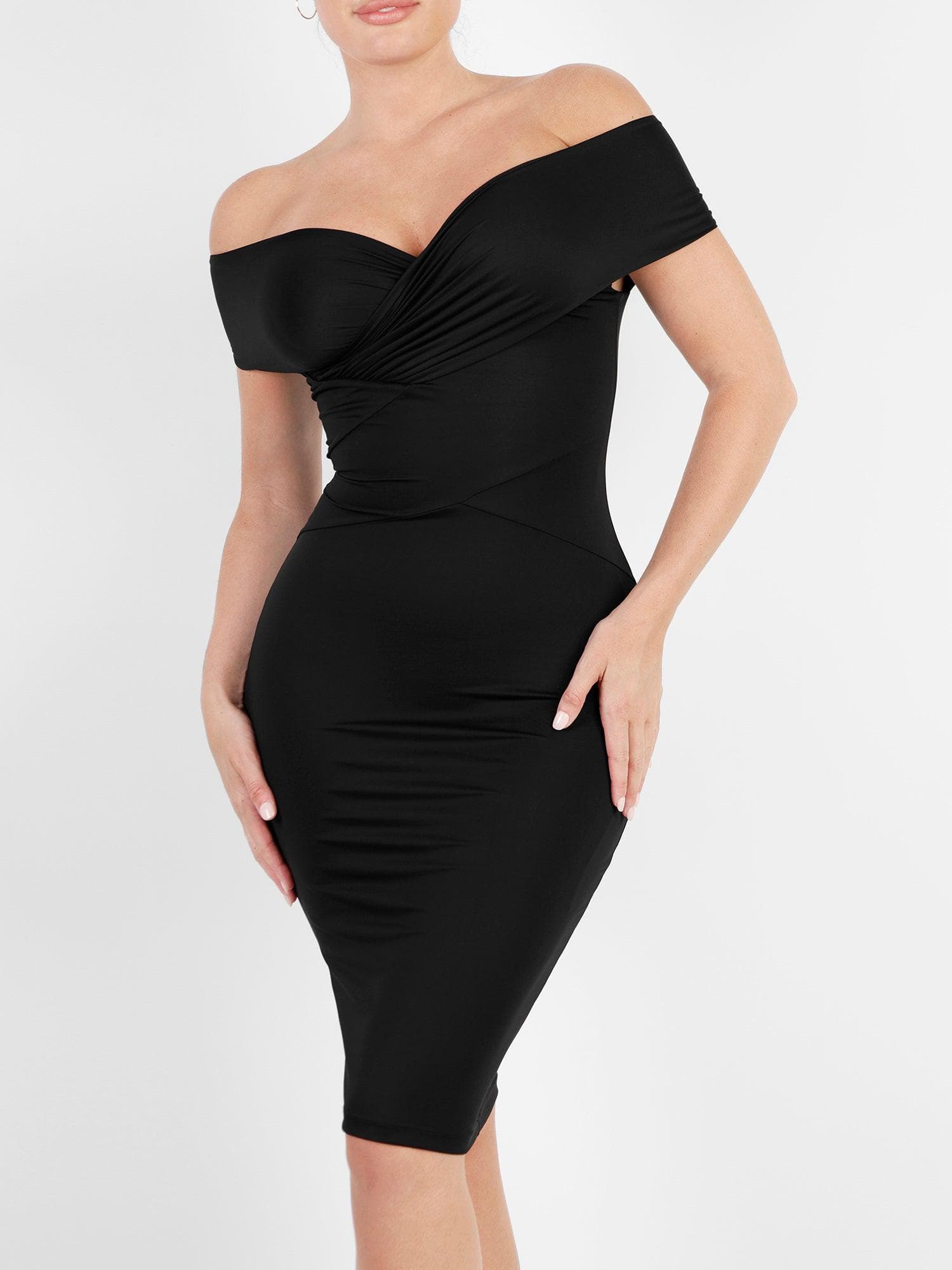 Off Shoulder V-Neck Ruched Midi jurk