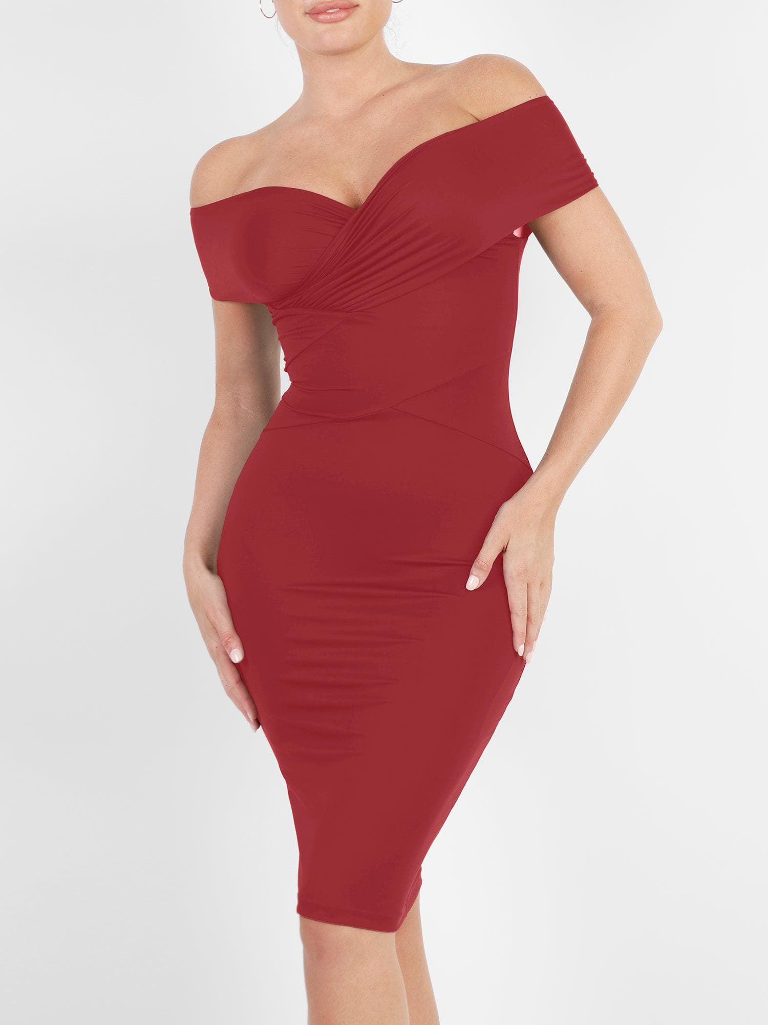 Off Shoulder V-Neck Ruched Midi jurk